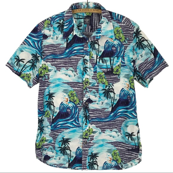 Old Navy Other - Old Navy Blue White Hawaiian Print Men’s Shirt Short Sleeves L/G Ocean  Waves